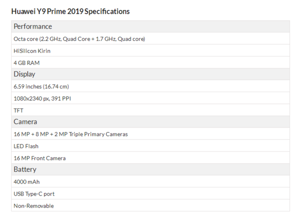 華為Y9 Prime裝備